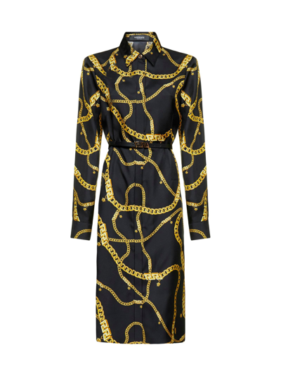 Shop Versace Greca Chain Belted Midi Dress In Black