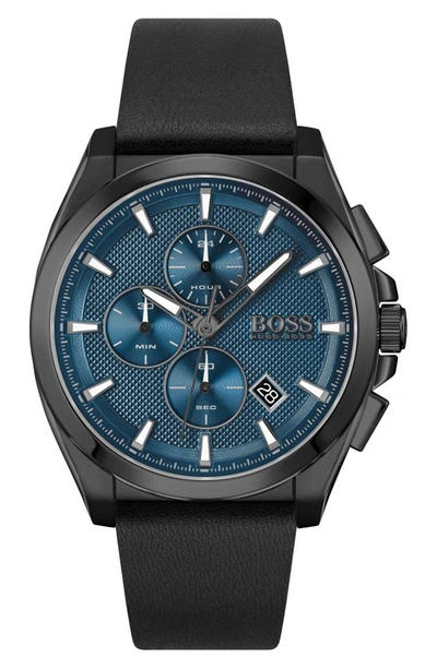 Shop Hugo Boss Grandmaster Leather Strap Multifunction Watch, 46mm In Blue Dial