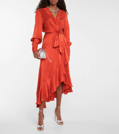 Shop Zimmermann Silk Satin Wrap Midi Dress In Crimson