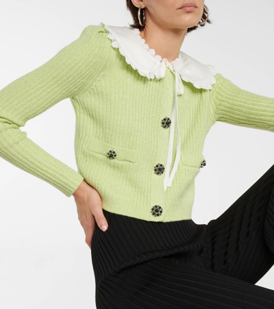 Shop Self-portrait Cotton-blend Ribbed-knit Cardigan In Avocado