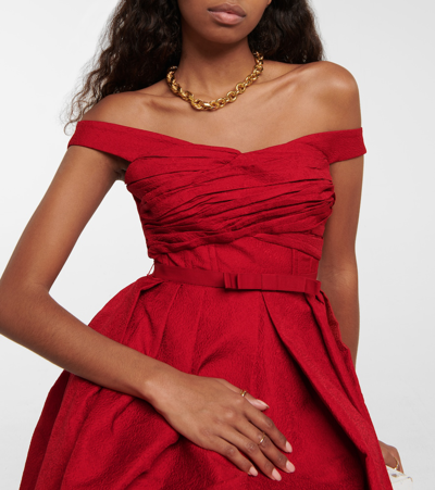 Shop Self-portrait Off-shoulder Cloqué Midi Dress In Red