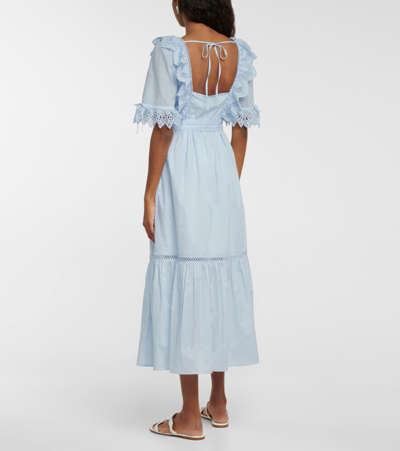 Shop Self-portrait Broderie Anglaise Cotton Midi Dress In Light Blue