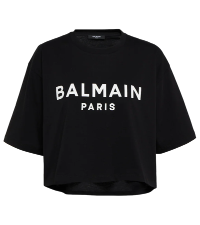 Shop Balmain Logo Cotton Cropped T-shirt In Noir/blanc