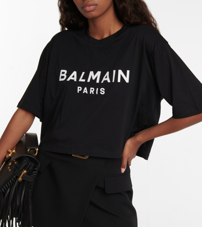 Shop Balmain Logo Cotton Cropped T-shirt In Noir/blanc