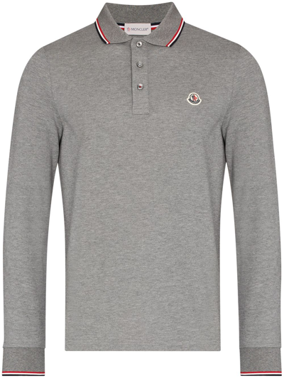Moncler Men's Tipped Long-sleeve Polo Shirt In Grey | ModeSens