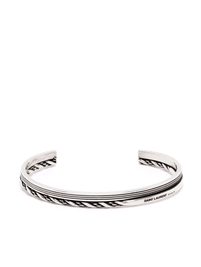 Shop Saint Laurent Engraved Open-cuff Bracelet In Silber