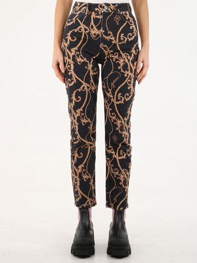 Shop Ganni Baroque-print Jeans In Black/gold