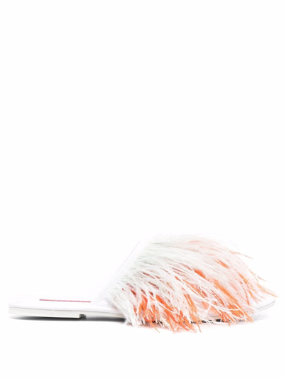 La Doublej Feather Embellished Slippers In White