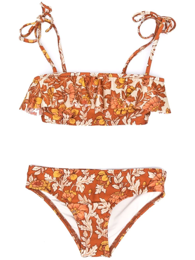 Shop Zimmermann Floral-print Ruffled Bikini Set In Orange