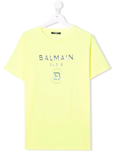 Shop Balmain Teen Embossed-logo T-shirt In Yellow