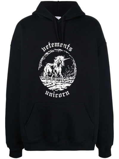 Shop Vetements Unicorn Logo-printed Hoodie In Black