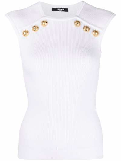 Shop Balmain Button-detail Ribbed-knit Vest Top In White
