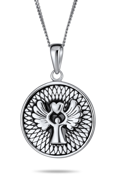 Bling Jewelry Guardian Angel Round Pendant Necklace In Silver