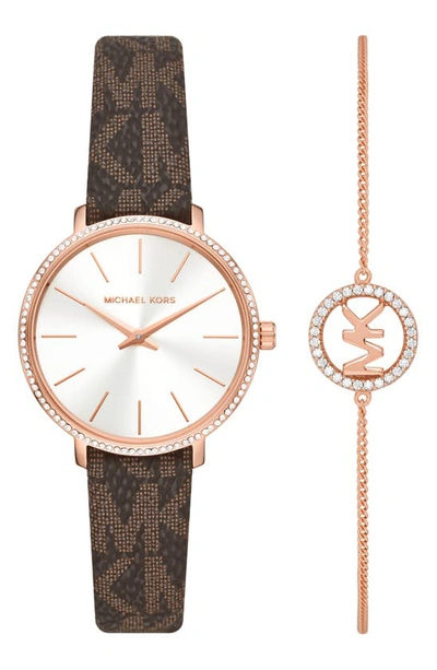 Shop Michael Michael Kors Mini Pyper Mk Logo Leather Strap Watch & Bracelet Set, 32mm In Brown