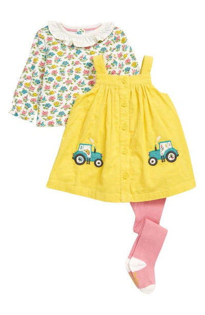 Mini Boden Babies' Floral Ruffle Top, Corduroy Pinafore Dress & Tights Set  In Sweetcorn Yellow Tractors | ModeSens