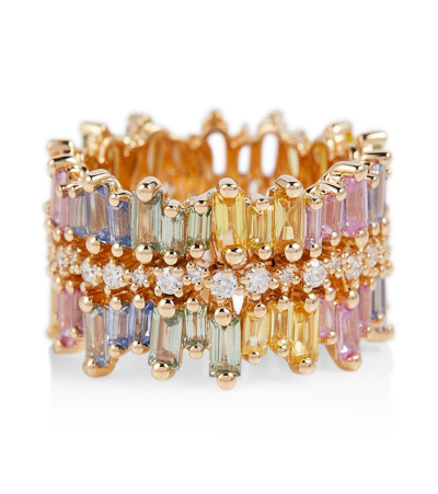 Shop Suzanne Kalan 18kt Gold Ring With Diamonds And Sapphires In Pastel Rainbow