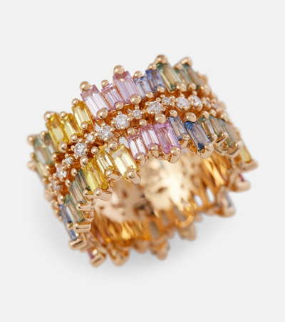 Shop Suzanne Kalan 18kt Gold Ring With Diamonds And Sapphires In Pastel Rainbow