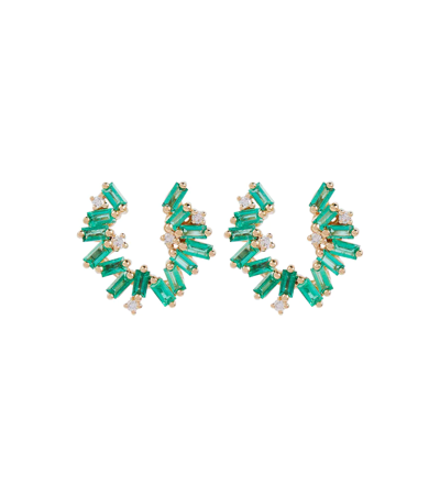 Shop Suzanne Kalan Izzy Sideway Spiral 18kt Gold Earrings With Emeralds And Diamonds