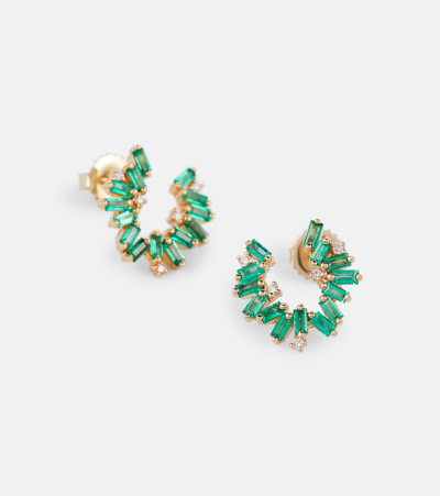 Suzanne Kalan Izzy Sideway Spiral 18kt Gold Earrings With Emeralds And Diamonds In Emerald