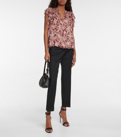 Velvet Ruffled Floral Blouse In Pink Floral