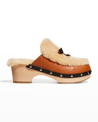 Shop Fabrizio Viti Grace Shearling Bow Mule Clogs In Cognac