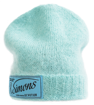 Shop Raf Simons Patched Knitted Beanie In Blue