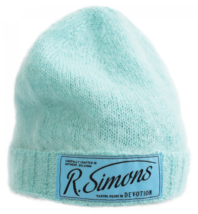 Shop Raf Simons Patched Knitted Beanie In Blue