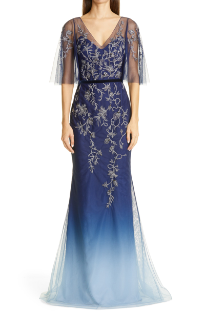 Shop Marchesa Notte Embroidered Tulle Gown In Navy