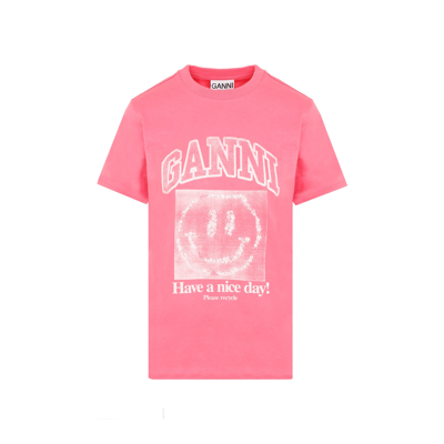 Shop Ganni Smiley Print Crewneck T In Pink