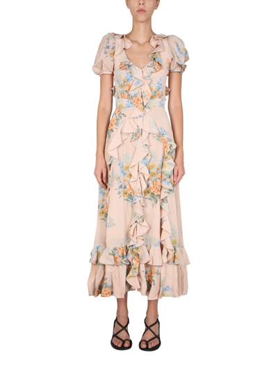 Shop Alexander Mcqueen Floral Print Ruched Silk Dress In Beige