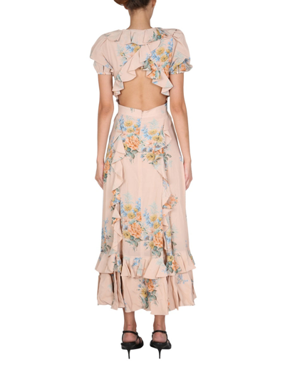 Shop Alexander Mcqueen Floral Print Ruched Silk Dress In Beige
