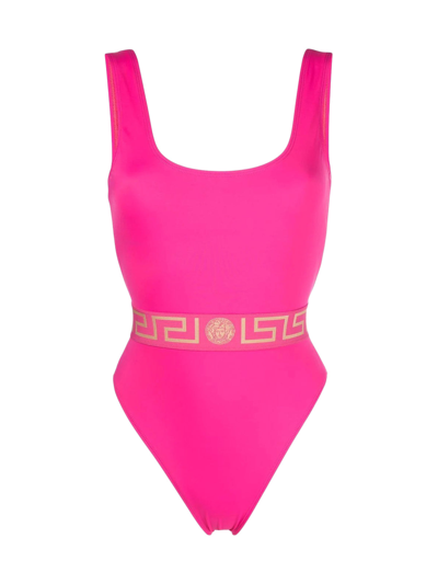 Shop Versace Greca-print Two-tone Swimsuit In Pink & Purple