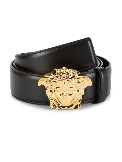 Shop Versace Men's Medusa Leather Belt In Black Gold