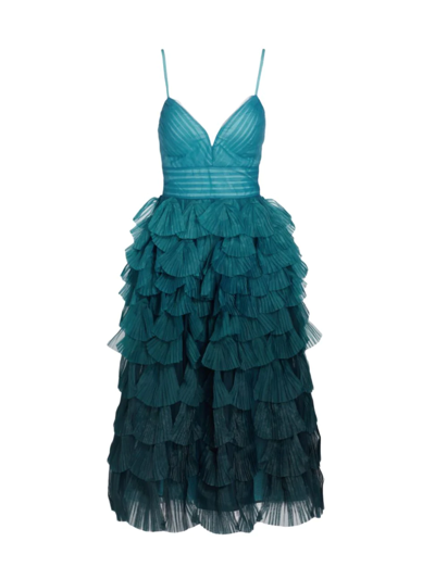 Shop Marchesa Notte Tiered Flounce Midi Dress In Blue