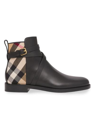Shop Burberry Women's Pryle House Check & Leather Ankle Boots In Black Archieve Beige