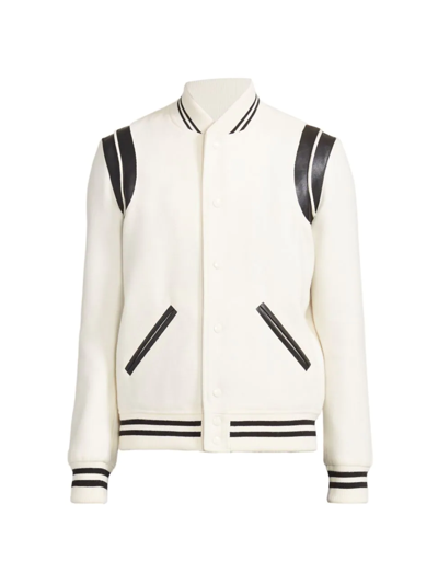 Shop Saint Laurent Banded Teddy Varsity Jacket In Naturel