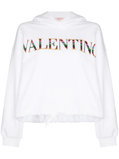 Shop Valentino Sequin-logo Drawstring Hoodie In Weiss