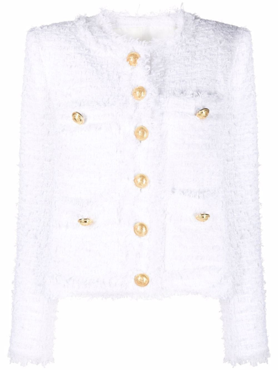 Shop Balmain Collarless Four-pocket Tweed Jacket In Weiss