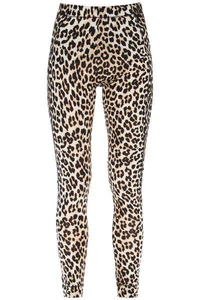 Shop Ganni Leopard Print Leggings In Beige,black