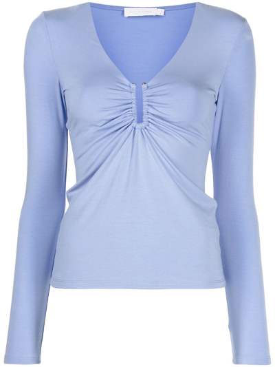 Shop Jonathan Simkhai Standard V-neck Long-sleeve Fitted Top In Blau