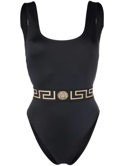 Shop Versace Greca Medusa Print Swimsuit In Schwarz