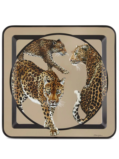 Dolce & Gabbana Leopard-print Wooden Large Tray In Braun