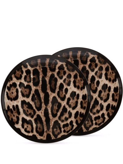 Shop Dolce & Gabbana Leopard-print Porcelain Bread Plates (set Of 2) In Brown