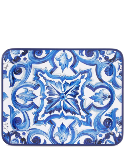 Shop Dolce & Gabbana Medium Mediterraneo-print Wooden Tray In Blau