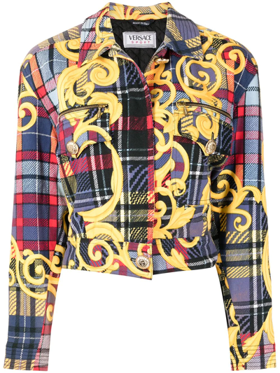 Pre-owned Versace 1990s Baroque Check-print Cropped Jacket In Multicolour