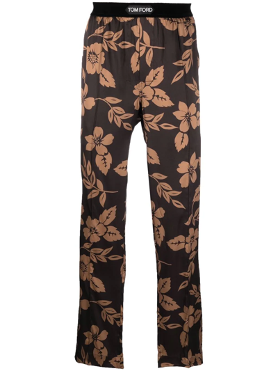 Shop Tom Ford Floral-print Silk Pajama Bottoms In Brown