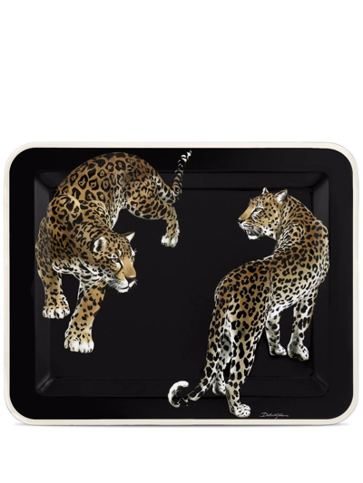 Shop Dolce & Gabbana Medium Leopard-print Wood Tray In Black