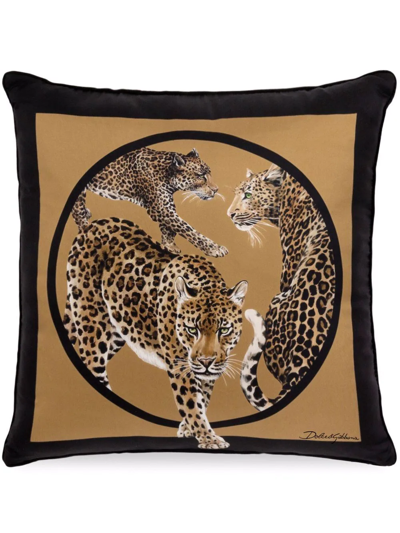 Shop Dolce & Gabbana Leopard-print Silk Cushion In Brown