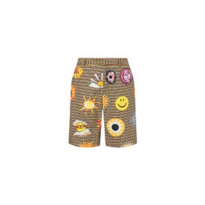 Shop Moschino Allover Sun Smiley® Print Check Cotton Bermuda Shorts In Brown