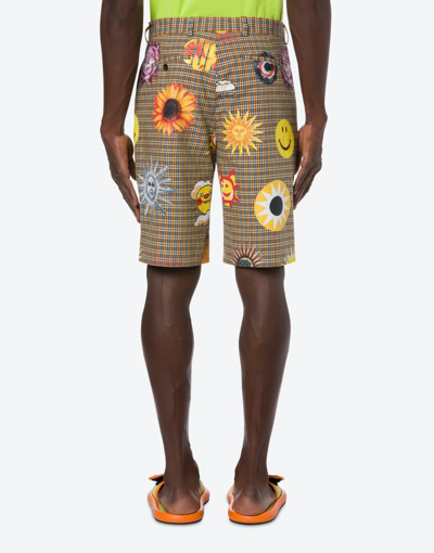 Shop Moschino Allover Sun Smiley® Print Check Cotton Bermuda Shorts In Brown